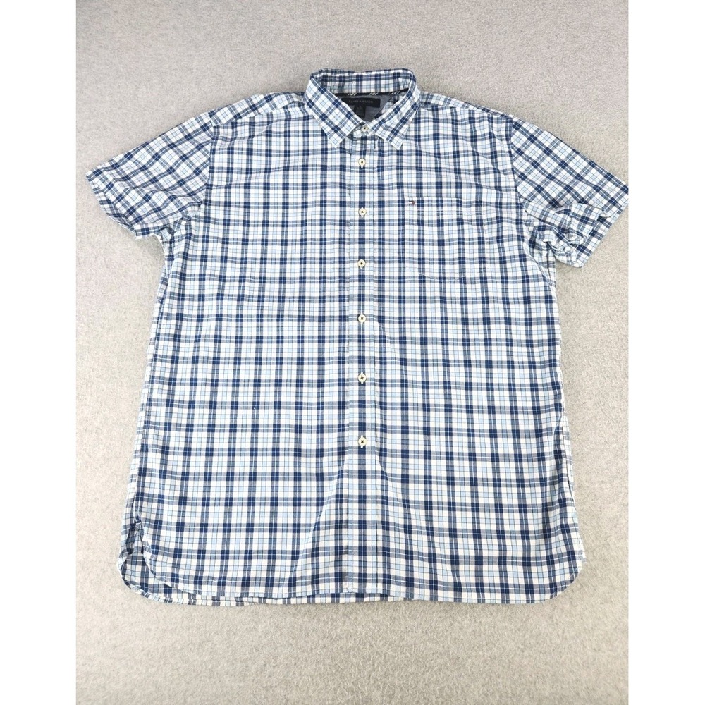 Tommy Hilfiger Short Sleeve Button Down Shirt Plaid Striped Blue Eyes Pop Men XL